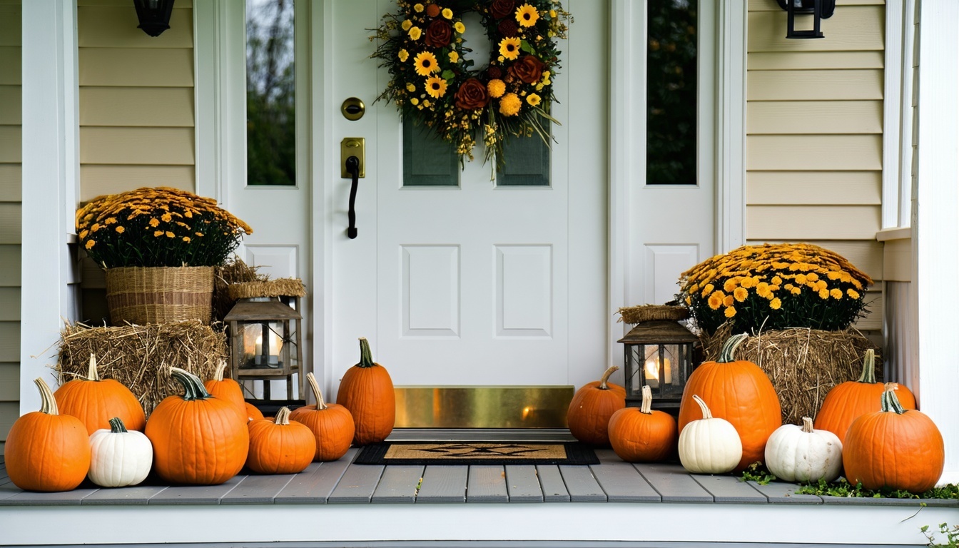 Front porch decorated with assorted pumpkins and hay bales