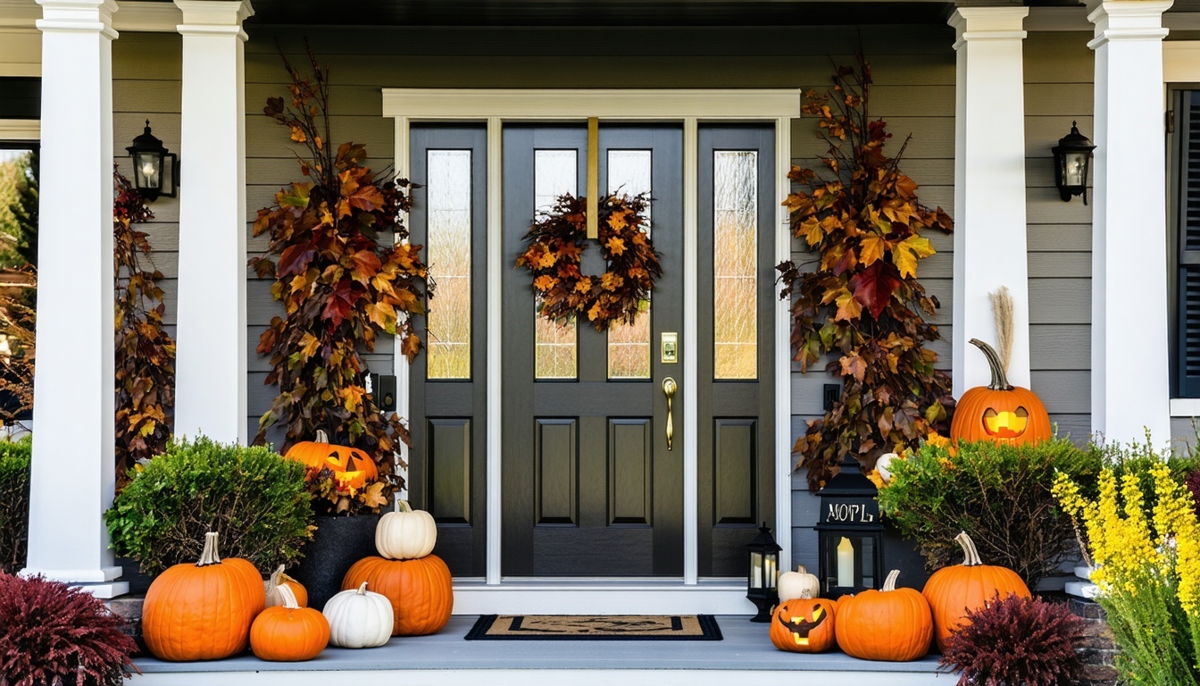 Residential entryway transformed with festive fall decorations
