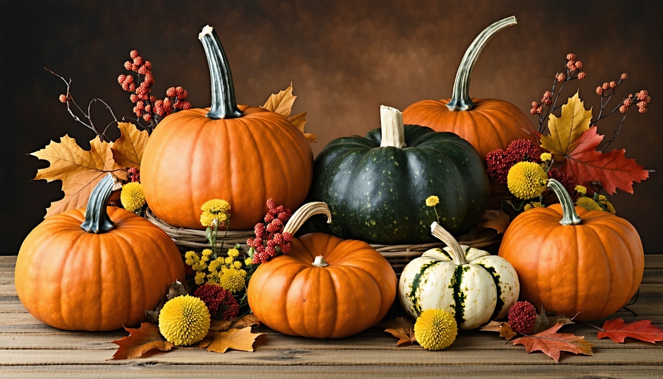 Custom fall arrangement with pumpkins, gourds, and autumn leaves