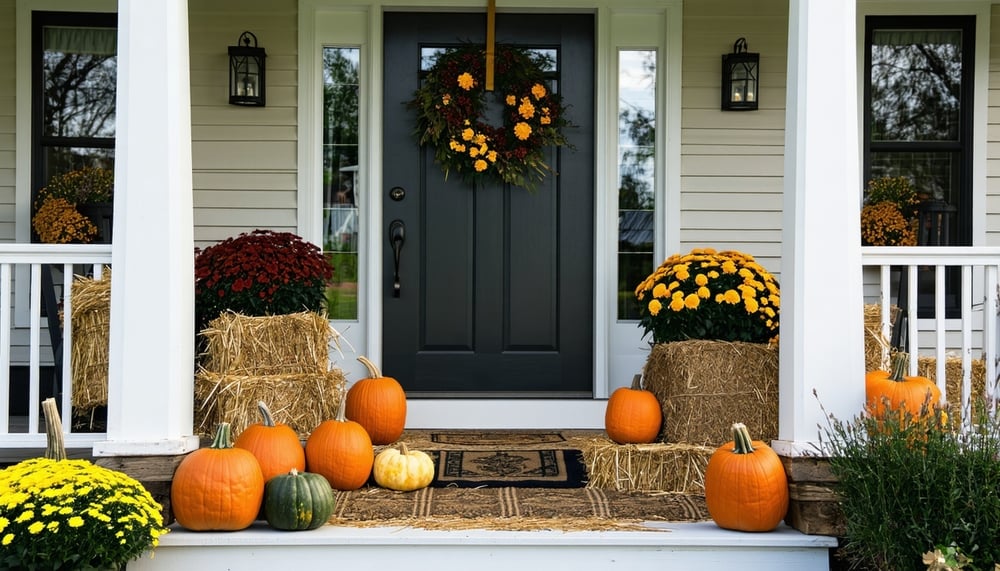 Beautifully decorated front porch with pumpkins, gourds, and hay bales