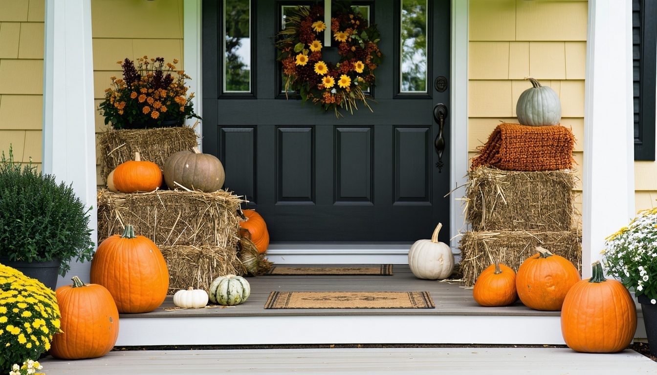 Front porch decorated with pumpkins, gourds, and hay bales